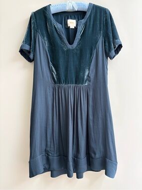 Maeve Deep Teal Velvet-Panel Short Sleeve Tunic Dress